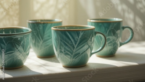 Teal Ceramic Cups with Palm Leaf Shadow in the Sunlight