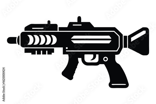 Stylized Black Silhouette of Futuristic Submachine Gun Featuring Unique Barrel and Compact Design
