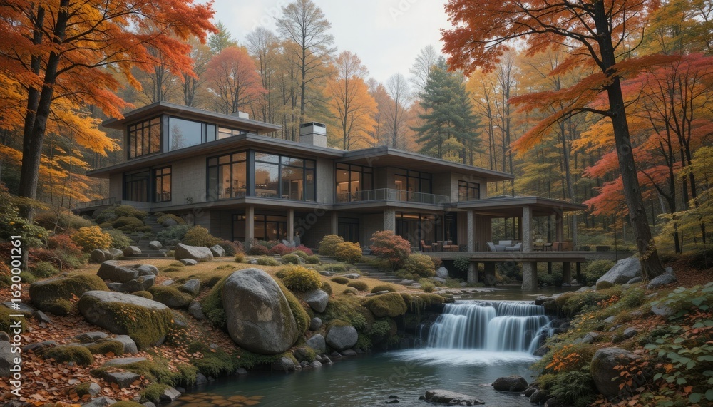 Obraz premium A Contemporary Home in an Autumn Forest Near a Waterfall