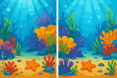 Colorful underwater scene with coral and starfish for educational game  