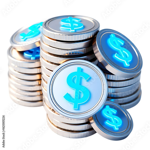 Stacks of silver coins with a glowing blue dollar sign on each coin against a black background created with generated ai