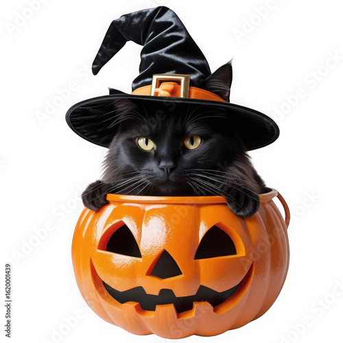 Black cat in witch hat leaning on Halloween pumpkin basket on transparent background