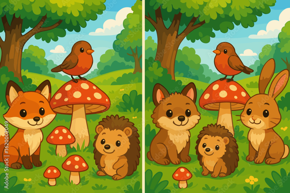 Fototapeta premium Cartoon woodland animals in a game of finding differences illustration 