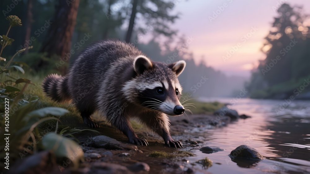 Fototapeta premium A raccoon explores the edge of a serene river at dusk, surrounded by lush forest.