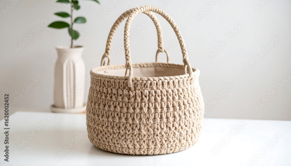 Fototapeta premium Beige crochet tote bag on a white table