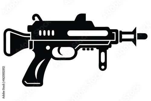 Black and white graphic illustration of a futuristic submachine gun with grip and silencer