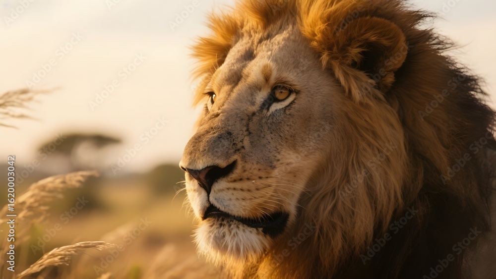 Naklejka premium Majestic Lion in the Wild at Sunset