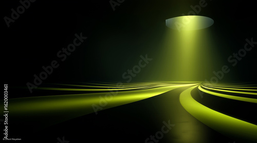 A narrow beam of light illuminates a path of swirling, glowing yellow stripes that recede into the distance, set against a dark background, creating a sense of a cosmic journey or a path to the unknow