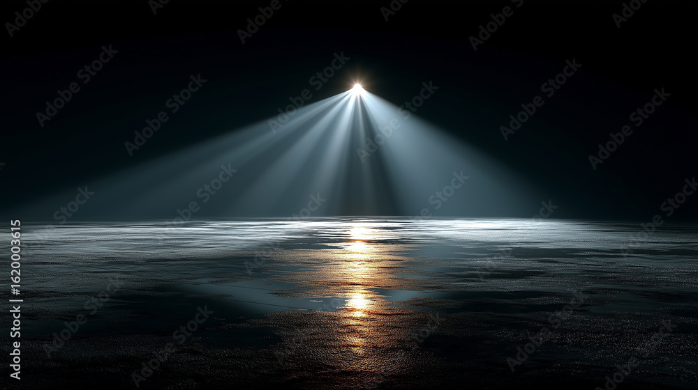 Obraz premium A powerful, single spotlight shines down from above, creating a bright cone of light that dramatically illuminates a wet, reflective floor in an otherwise dark, empty room.