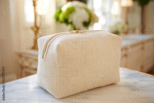 Cream-colored fabric cosmetic bag on marble