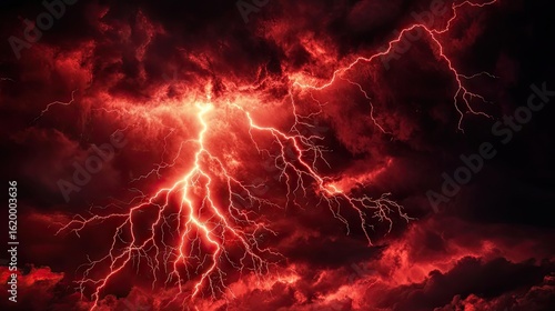 Fiery Red Lightning Abstract Background: Volcanic Energy Texture