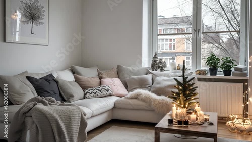 Cozy atmosphere of a home holiday. Home interior in light colors. Stylish contemporary minimalistic design. Cozy and minimalist apartment interior inspired by Scandinavian design at Christmas eve.