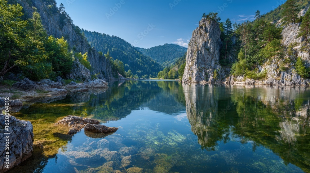 Serene Mountain Lake Crystal Clear Water Reflecting Majestic Cliffs and Lush Green Forests Serene Mountain Lake Crystal Clear Water Reflecting Majestic Cliffs and Lush Green Forests