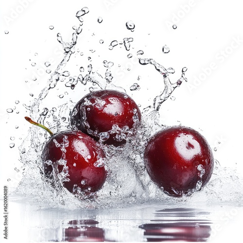 Vibrant Red Cherries Splashing in Water: Close-up Photography of Fresh Fruit
