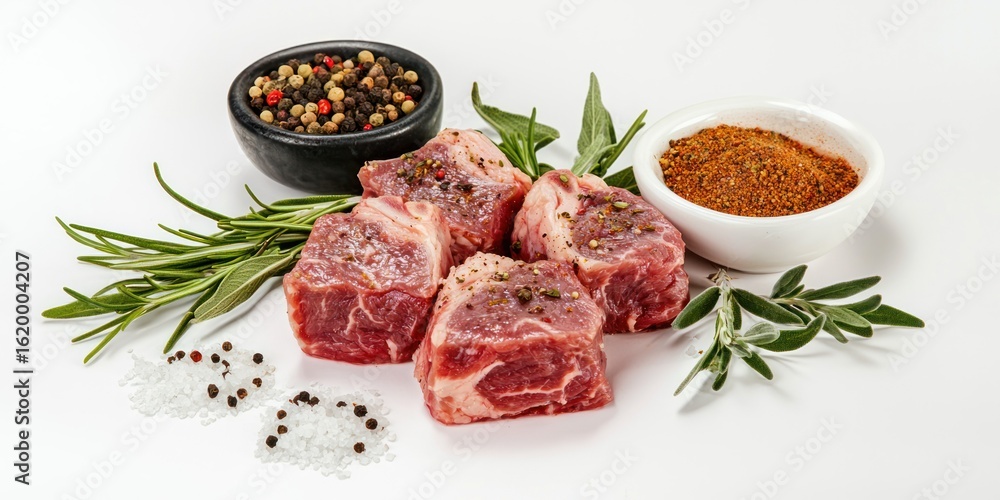Uncooked steak with spices and herbs on white background Uncooked steak with spices and herbs on white background