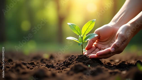 Human hands gently nurturing a young green plant in rich soil. Concept of growth, new beginnings, and environmental care.