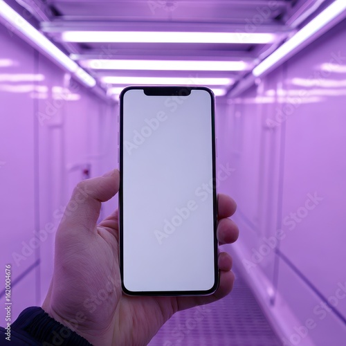 Hand holding phone in purple tunnel