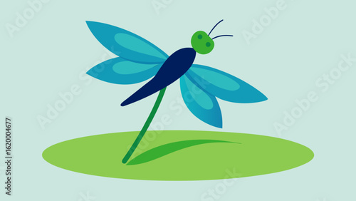 Blue Dragonfly Landing on Green Leaf Pad aquatic plant