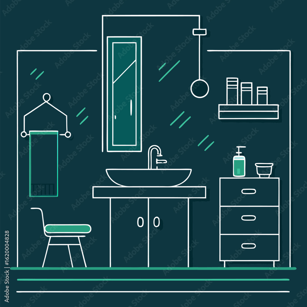 Fototapeta premium Sketch interior bathroom with closet vector on colorful background.
