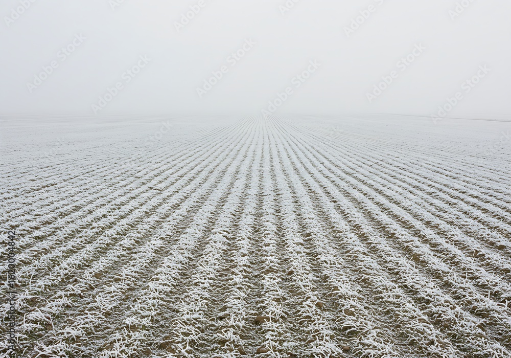 Fototapeta premium Serene winter landscape view of a vast, snow-covered agricultural field with rows vanishing into the misty horizon