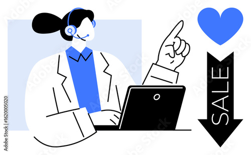 Customer service professional with headset using a laptop, pointing upward near heart icon and sale arrow. Ideal for e-commerce, customer care, online shopping, discounts, business support, female in