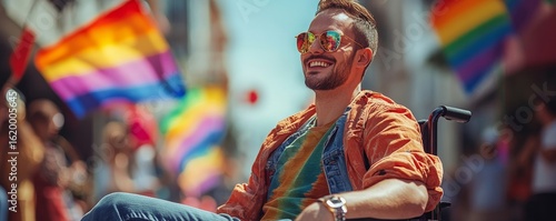 Disabled queer man in a wheelchair celebrating pride festival with rainbow flags, promoting inclusion and diversity during the summer event, Generative AI