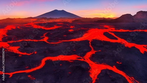 Volcanic peaks glow red and orange under a breathtaking sunset sky, creating a vibrant mountain landscape