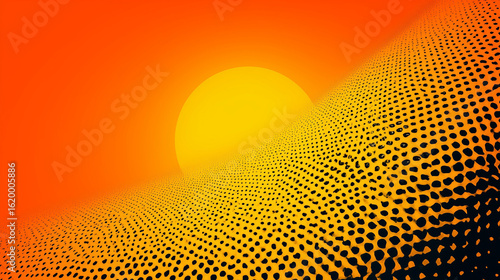Halftone Sunset Over a Dotted Landscape