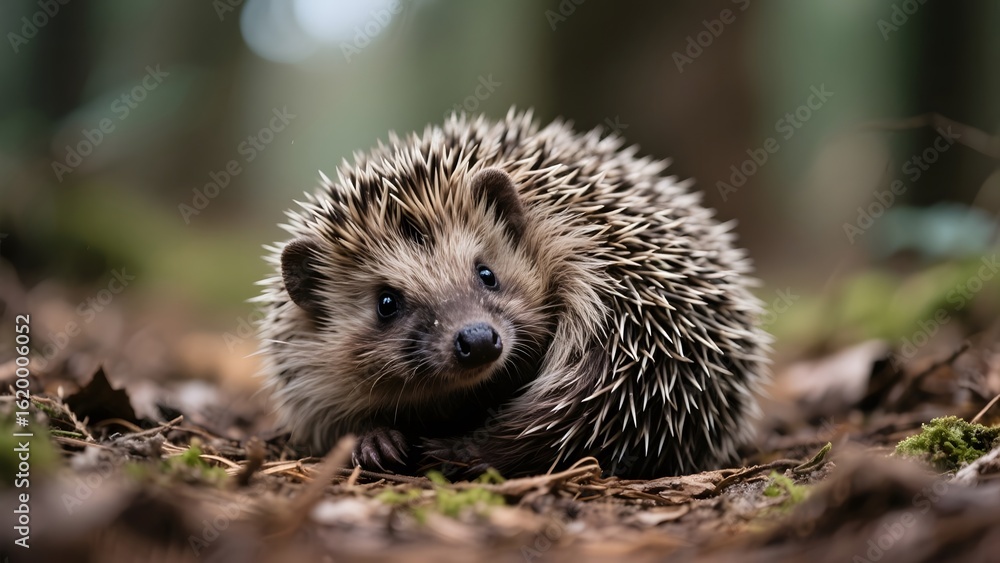 Naklejka premium A hedgehog with spiky quills sits on the forest floor, surrounded by leaves and natural debris.