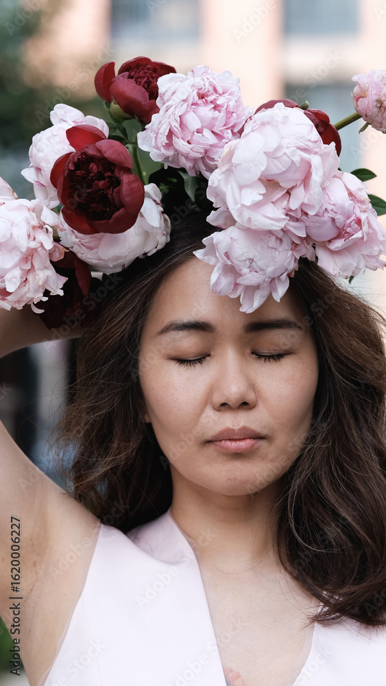 Obraz premium Portrait of a beautiful smiling woman with a wreath of peonies on her head. Natural beauty concept.
