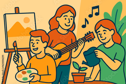 A delightful illustration shows people enjoying diverse creative and relaxing hobbies, such as painting, playing music, and gardening, fostering personal enrichment.