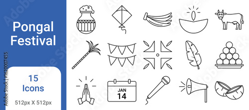 Pongal Festival Icon Set – Harvest, Pot, Sugarcane, Rangoli, Bull, Pongal Celebration, Tamil Festival Icons
