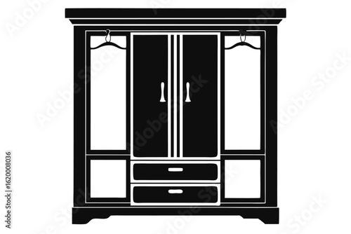 Silhouette of an elegant black wardrobe with drawers, doors, and hanging space for clothing