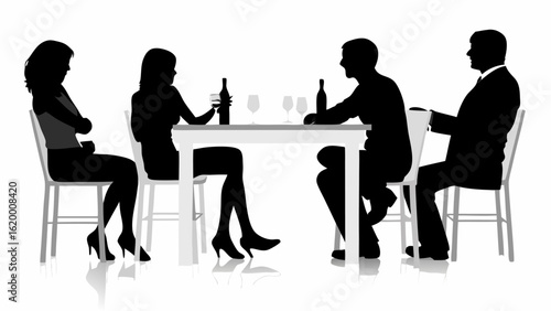 Silhouette illustration of four people sitting at a table with wine glasses and bottles in black and white | editable eps vectors