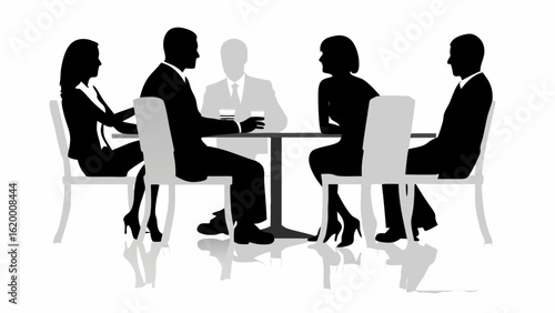 Silhouette of five people sitting around a table in a meeting or discussion setting with drinks present | editable eps vectors