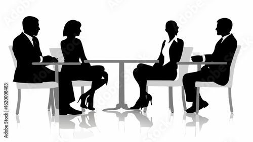 Silhouetted figures of four business people sitting at a table in a meeting or discussion setting | editable eps vectors