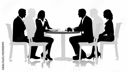 Silhouette illustration of business people sitting around a table in a meeting with chairs and reflection | editable eps vectors