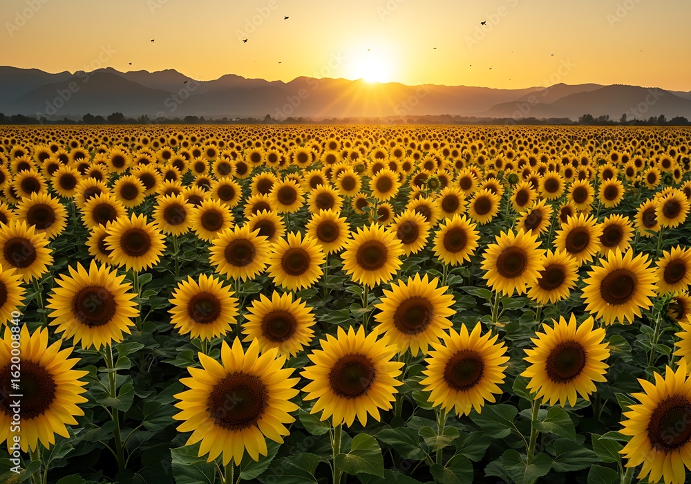Fototapeta premium Stunning Sunset Over a Vast Sunflower Field