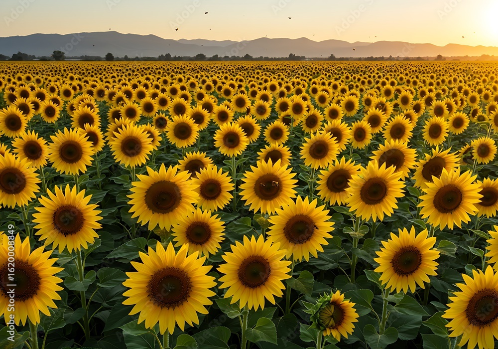 Fototapeta premium Golden Sunflower Field at Sunset A Vibrant Rural Landscape