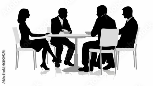 Silhouette of four people sitting around a table in a meeting or discussion setting with chairs present | editable eps vectors