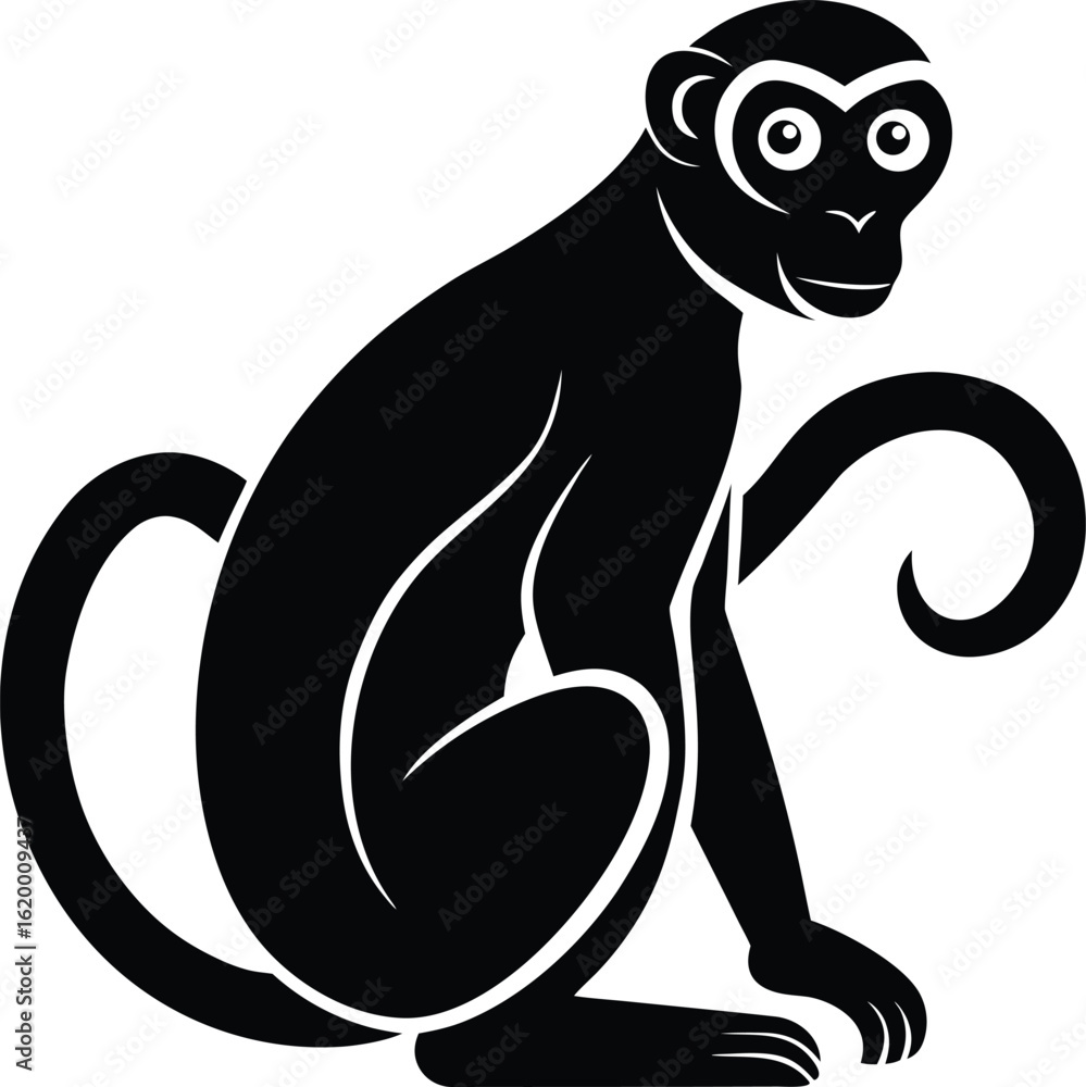 Fototapeta premium Stylized Monkey Vector Black and White Sitting Primate Logo Design