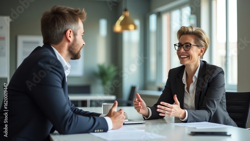 Business Meeting, Professionals Engaging, Modern Office, Photograph, Collaborative Environment, Dynamic Viewpoint, Effective Communication