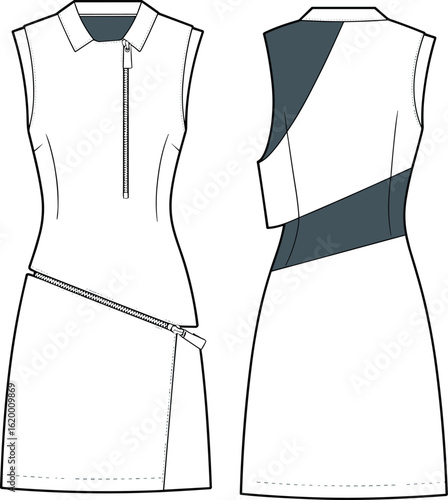 Sleeveless fashion-forward zippered mini dress with collar, asymmetrical hem, and modern diagonal color block design, vector illustration template