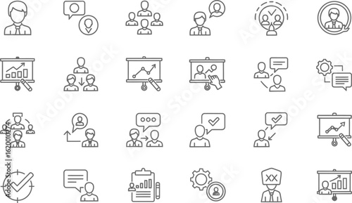 Vector art of set of business and management icons in line style contains icons such as avatar, profile, user, customer, service, online meeting, presentation, chart, graph, business report