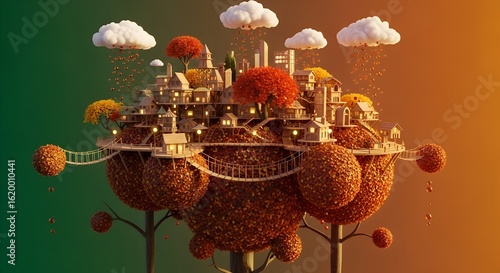 Whimsical autumn forest canopy city with charming wooden treehouses, floating amidst vibrant fall foliage and amber rain