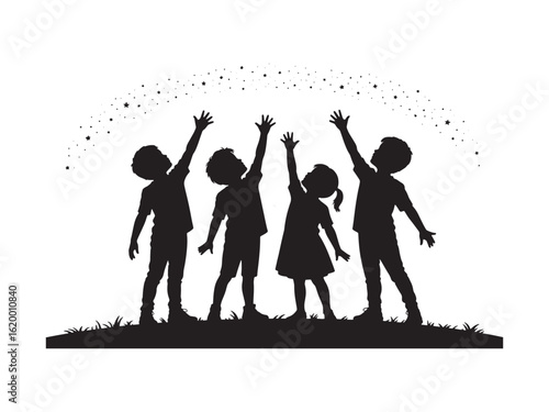 Silhouette of four children reaching for stars isolated on white background