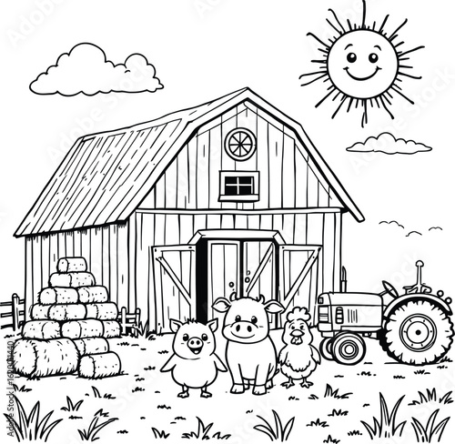 Black and white farm scene with barn, tractor, sun, hay bales, and cartoon animals in a field