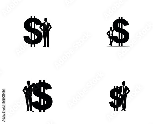 Businessman Standing Beside Dollar Sign Silhouette – Wealth and Financial Success Vector

