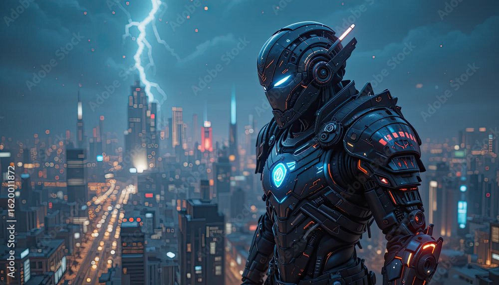 Naklejka premium A futuristic armored figure standing guard over a neon lit cityscape with lightning in the background