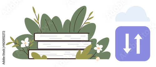 Books stacked with green foliage and flowers represent knowledge, growth, and nature. Cloud with arrows symbolizes data transfer and digital learning. Ideal for education, sustainability, technology